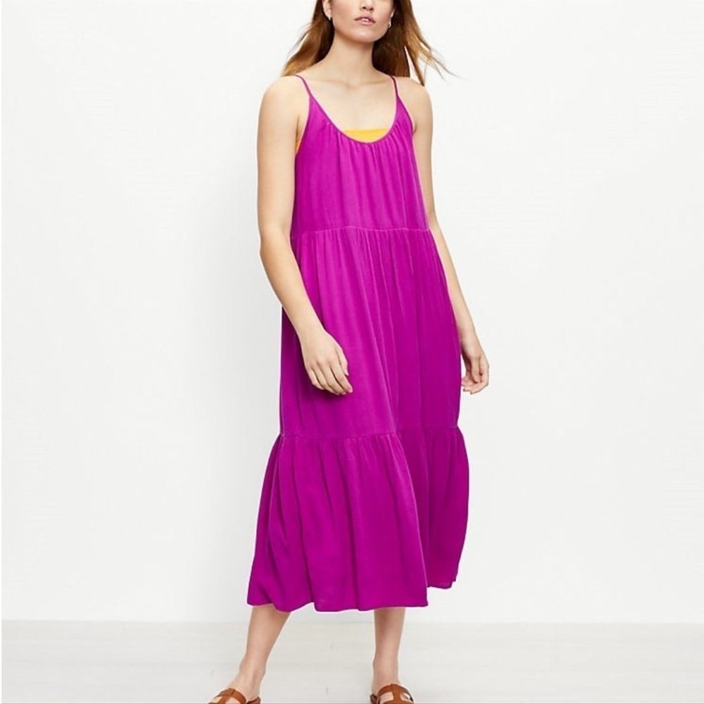 LOFT Strappy Tiered Midi Dress Deep Magenta Sz M Purple Boho Vacation Resortwear